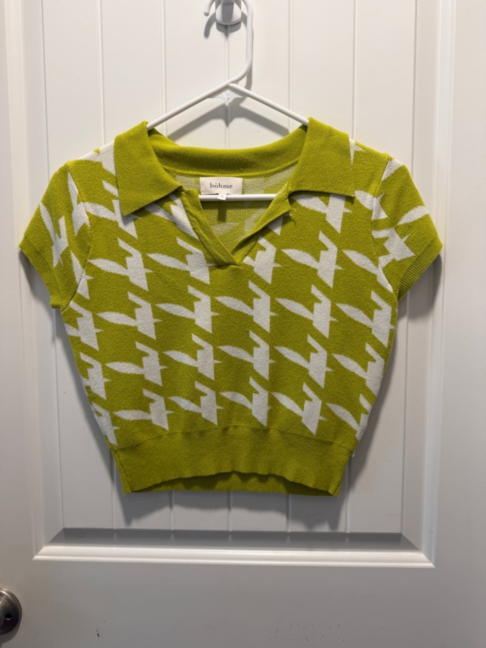 bohme Lime Green and White Houndstooth Cropped Polo Knit Top